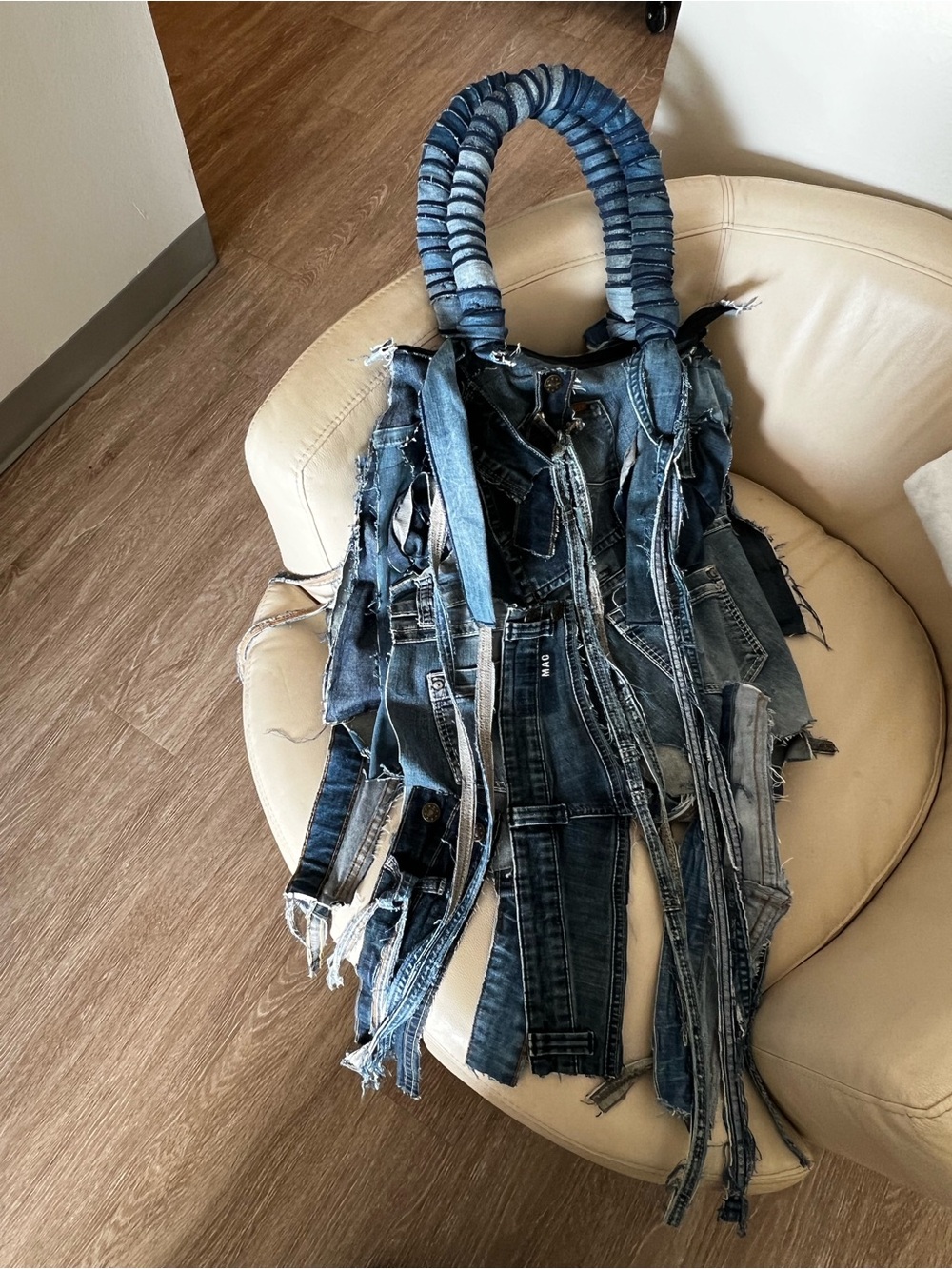 Blue Denim Fringe Shoulder Bag - Distressed Jeans Patchwork… LARGE - Picture 6 of 8